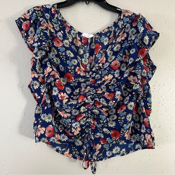 🦋 Sienna Sky Blue Floral Cinched V-Neck Cropped Blouse Large Spring - Picture 1 of 7